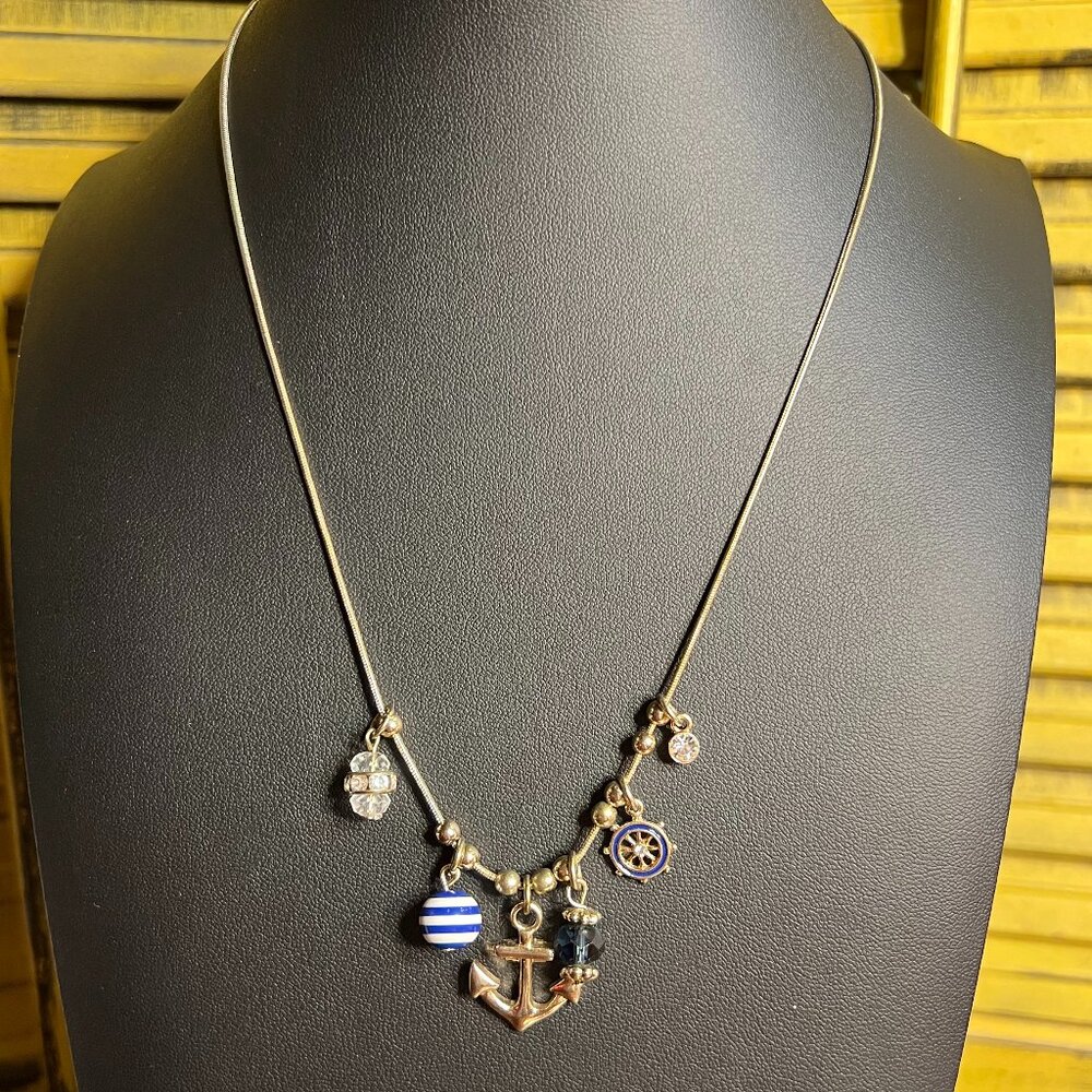 Charming Charlie Gold Navy Blue Anchor Charm Necklace
